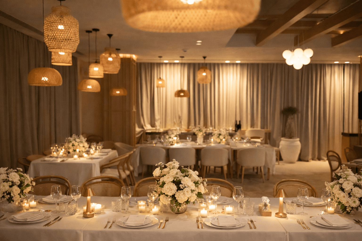 Elegant dining room with white floral centerpieces, candles, and woven pendant lights over set tables.